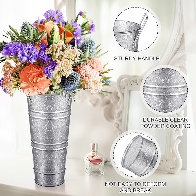 Zhehao 12 PCS 12 Inch Galvanized Metal Vase with Handles Bulk Tin Flower Buckets Galvanized Vases for Flowers Country Wedding Table Centerpieces Metal Flower Buckets for Wedding Home(Matte Silver)