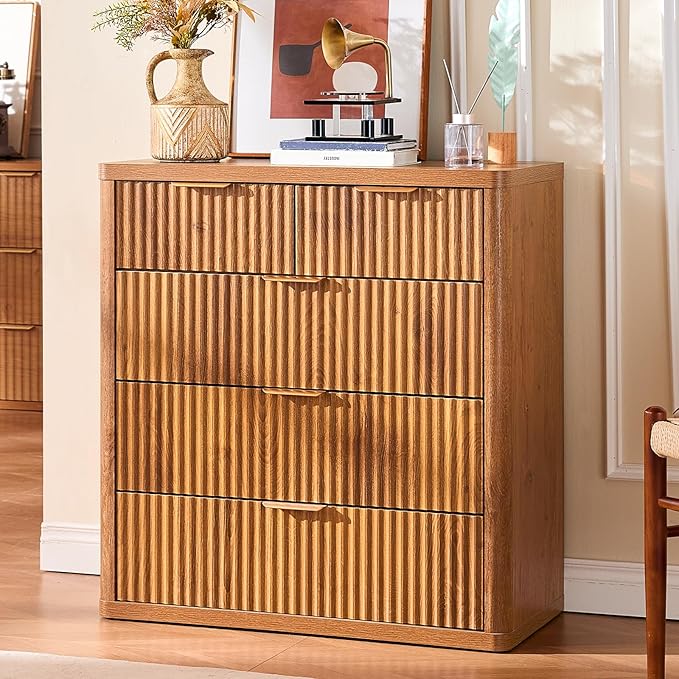 LEYAOYAO Fluted 5 Drawers Dresser for Bedroom, 34" Tall Modern Chest of Drawers with Metal Handle, Curved Profile Design,Brown Wood Drawer Organizer for Bedroom, Living Room, Hallway, Entryway