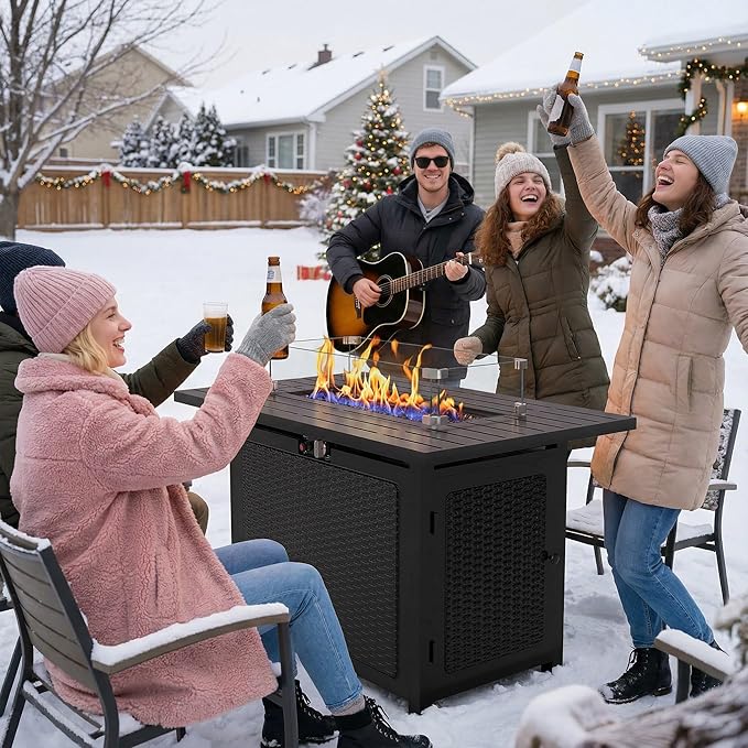 FansaFurn Black Propane Fire Pit Table, 50000 BTU Gas Fire Pits Table with Removable Lid and Lava Rock, Rectangular Fire Table with Cover, Ideal for Dining or Party on Patio, 43'', Garden, Yard