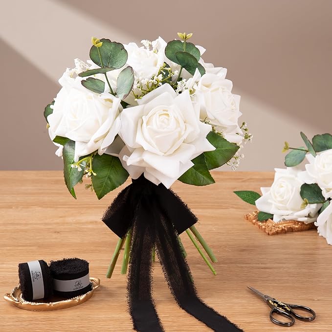 DORIS HOME Black Chiffon Ribbon for Flower Bouquet, 1" x21Yd Fabric Ribbon for Gift Wrapping, Handmade Frayed Ribbon for Wedding Invitations/Christmas Decorations