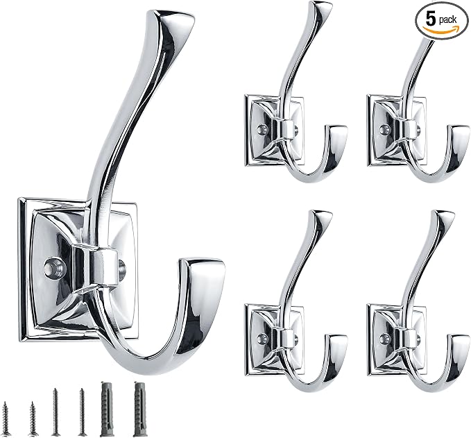 5 Pack Decorative Heavy Duty Towel Hooks for Hanging Robe Double Polished Chrome Coat Hooks Wall Mounted with Screws for Key, Towel, Bags, Cup, Hat