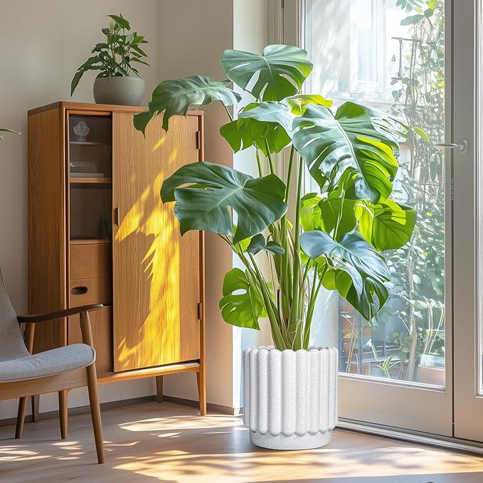 Ceramicfor Ceramic Flower Pots - 12 Inch Plant Pot Indoor Outdoor, Fluted Large Ceramic Planters with Drainage Hole, Modern Round Planters, Apartment Decor, Plant Lover Gifts, White