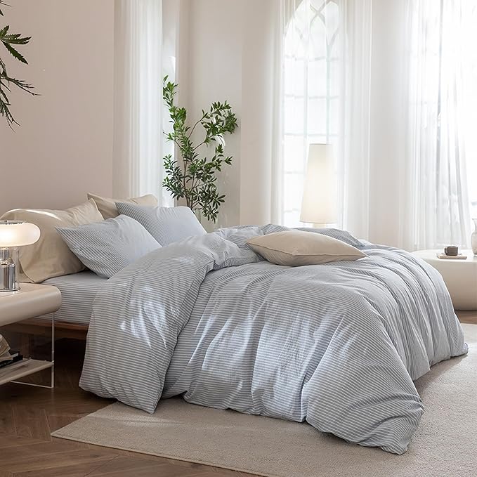 JIYUAN 100% Washed Cotton Striped Duvet Cover Set 3 Pieces Queen, 1 Duvet Cover and 2 Pillowcases(Comforter Not Included),Linen Like Comfy and Breathable,Pinstripes - Heathered Cornflower Blue White