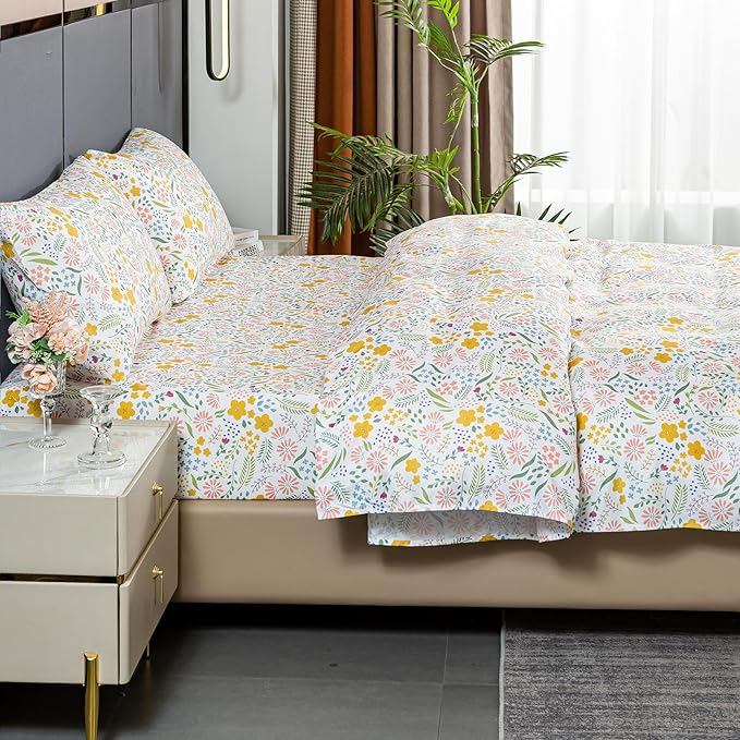 Bedlifes California King Sheet Set Ultra Soft, Breathable, Silky Flower Deep Pocket 100% Microfiber Bedding, 4 Piece Cal King Size Floral