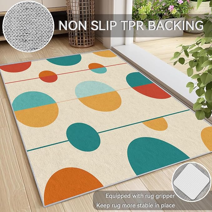 Mid Century Modern Area Rug 5x8, Washable Non Slip Low Pile Abstract Geometric Carpet for Living Room Bedroom Dining Room, Minimalist Retro Circle Accent Rug, Ivory Teal Mustard Orange