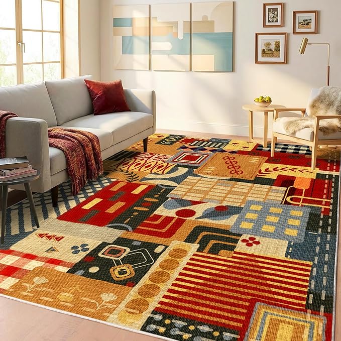 6x9 Abstract Tribal Patchwork Area Rug, Boho Patchwork Colorful Rugs for Living Room, Modern Memphis-Inspired Throw Carpet, Washable Non-Slip Low Pile Rug for Dining Room Office Bedroom Dining Room