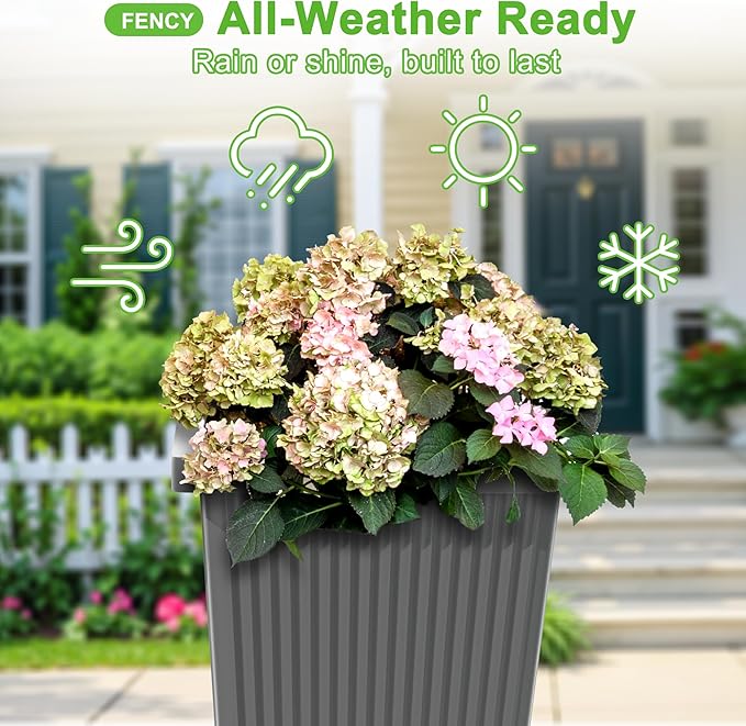FENCY Set of 2 Tall Planters for Outdoor Plants, 24 Inch Large Tapered Pots with Drainage Trays, Weather-Resistant Plastic Plant Containers for Patio, Porch, Garden, Front Door Decor,Gray,Striped