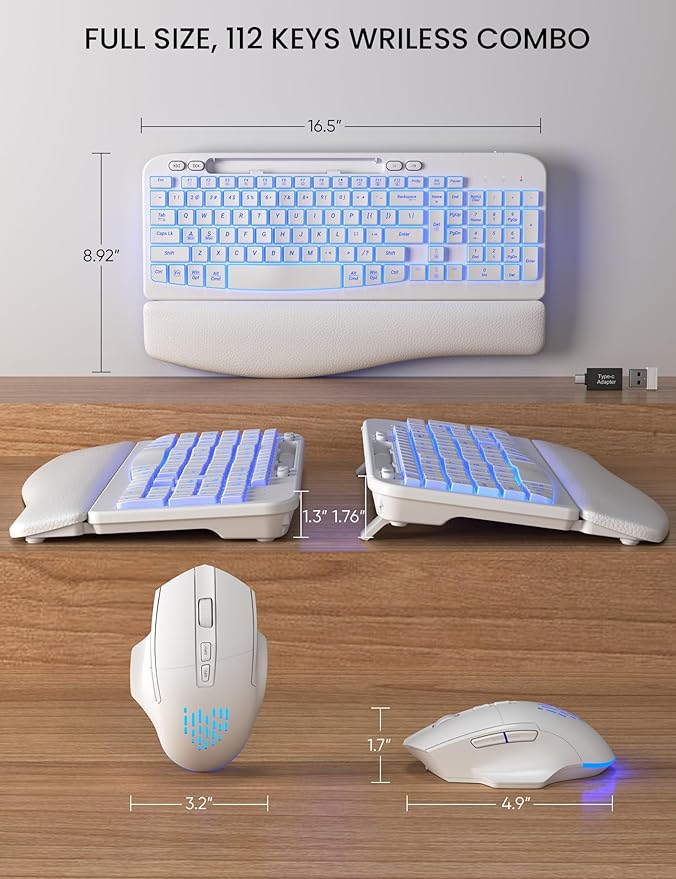 SABLUTE Wireless Keyboard and Mouse Combo - Ergonomic Wave Keyboard with Soft Leather Wrist Rest, Phone Holder, Rechargeable, RGB Backlit Mouse, Full-Size Set for Windows/Mac/Computer (White)