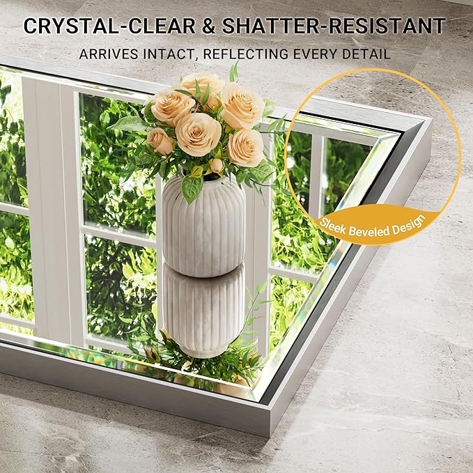 48 x 36 Silver Bathroom Mirror, Large Beveled Silver Bathroom Vanity Mirror, Shatterproof Silver Rectangle Mirror, Silver Metal Framed Mirror for Bathroom Wall, Anti-Rust(Vertical/Horizontal)