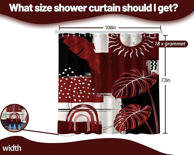 Extra Long Shower Curtain Extra Tall Black and Red XL Burgundy Tropical Leaf Shower Curtains for Large Bathroom Decor Sets, Waterproof Cloth Fabric with Hooks, 108x72 Inch