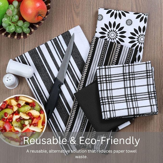 Assorted Kitchen Towels Set of 5-100% Cotton Dish Cloths Towels with Hanging Loop - Soft, Absorbent & Washable for Kitchen Use - Quick Drying Dish Towels 16x26 Inch Black