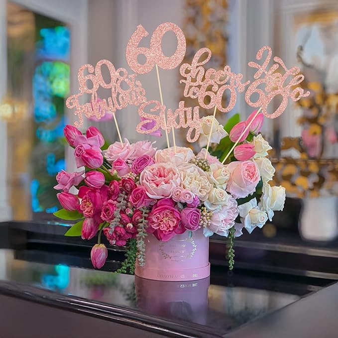 Gyufise 15Pcs 60th Birthday Centerpiece Sticks Sixty Happy 60th Table Flower Centerpieces Sticks Cheers to 60 Floral Decorations for 60th Birthday Party Centerpieces Supplies Rose Gold