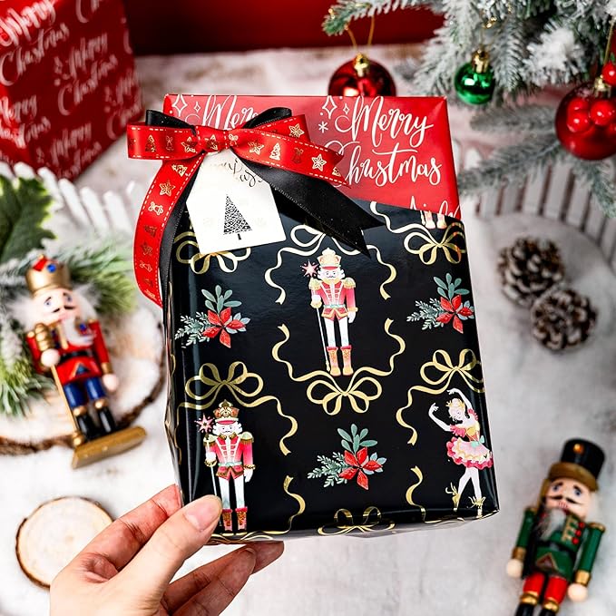 MAYPLUSS Christmas Nutcracker Wrapping Paper - 17 Inch X 33 Feet - Metallic Christmas Gift Wrapping Paper Flower Cute Bow Ballet Reversible Red for Holiday Party New Year Kids