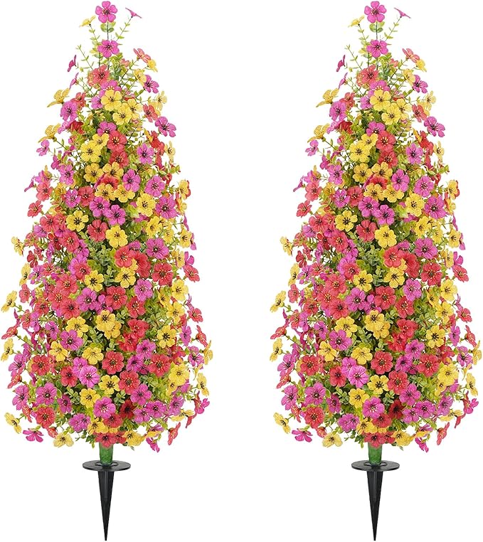 2 Pcs 3.6FT Topiary Trees Artificial Outdoor, Christmas Tree Faux Flowers UV Resistant Shrubs for Indoor Planters Outdoor Porch Halloween Decoration (Color Mixing)
