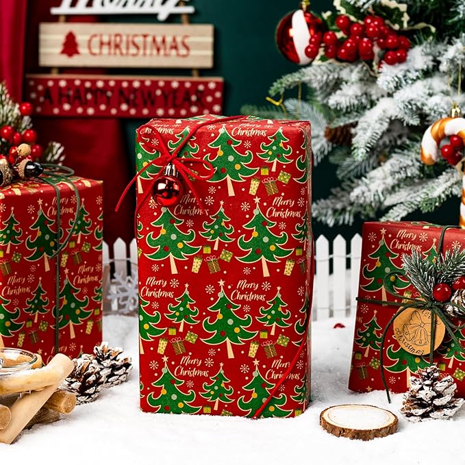 Yarcony Red Christmas Wrapping Paper, Thick Kraft Wrapping Paper, Vintage Traditional Red and Green Christmas Tree Pattern Brown Holiday Gift Wrap for Present Packaging (Mini Roll, 17 Inch X 33 Feet)