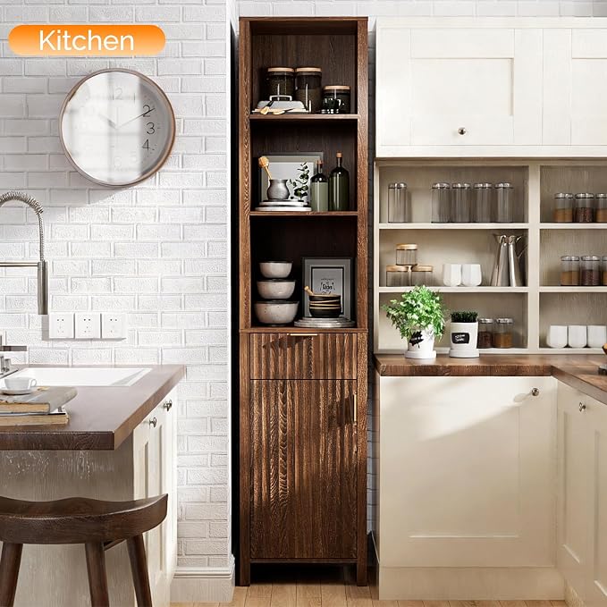 VINGLI 68" Tall Narrow Bathroom Storage Cabinet, Slim Freestanding Floor Cabinet with Fluted Door & Drawer, 12 Inch Deep Skinny Wood Organizer for Small Spaces, Kitchen & Living Room, Dark Walnut