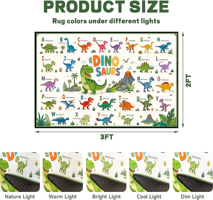 2'x3' Dinosaur Area Rug ABC Alphabet Educational Rugs for Entryway Bedroom Living Room Nursery Kitchen Playroom Home Decor Washable Cute Cartoon Dinosaur Floor Mat Carpet