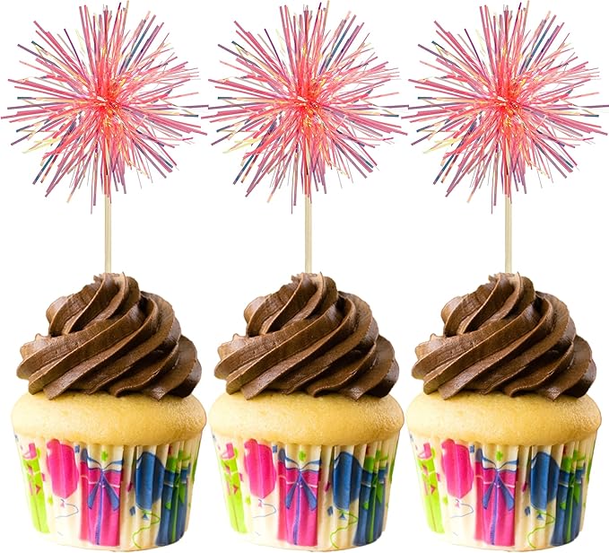 Gyufise 30Pcs Foil Firework Cupcake Toppers Sparkle Tinsel Cake Toppers Tinsel Drink Cake Decoration Cocktail Picks for Birthday Wedding Graduation Party Supplies Laser Orange