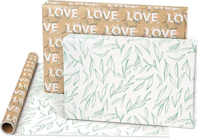 American Greetings 175 sq. ft. Reversible Flower Wrapping Paper Bundle for Weddings, Bridal Showers, Engagement, Anniversaries and All Occasions, Love Text and Floral (1 Roll, 30 in x 70 ft.)