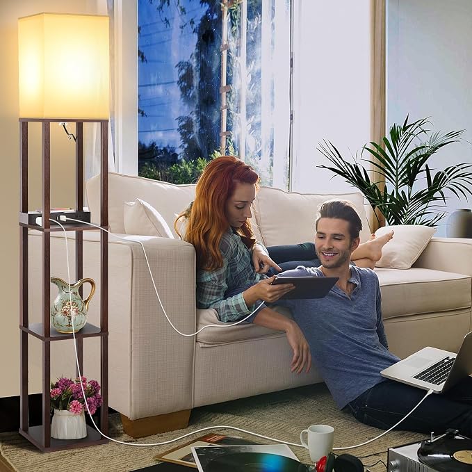 Mlambert Modern Shelf Floor Lamp with Wireless Charger & Fast Charging USB Ports & Type C Port & 2 Power Outlets,3 Tier Storage Lamp for Bedroom,Brown