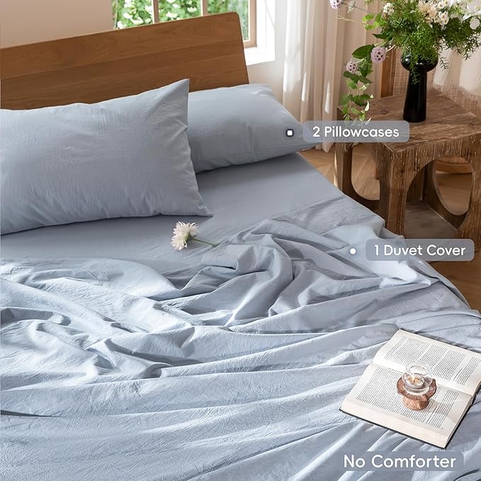 MooMee Bedding Duvet Cover Set 100% Washed Cotton Linen Like Textured Breathable Durable Soft Comfy (Heathered Cornflower Blue, Alaska King 132"x120")