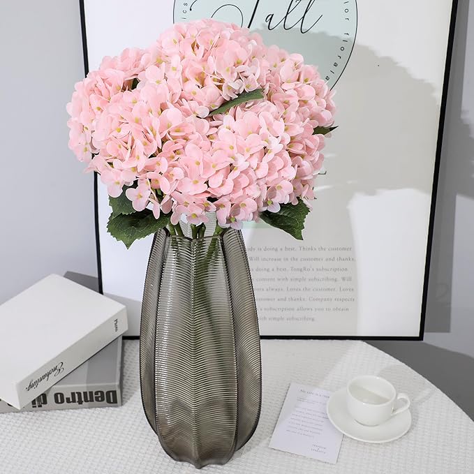 Kimura's Cabin 5Pcs 21inch Lifelike Faux Hydrangea Real Touch Latex Hydrangeas Long Stem with Leaves Artificial Hydrangea Bouquet for Home Wedding Baby Shower Birthday Party Decoration (Pink)