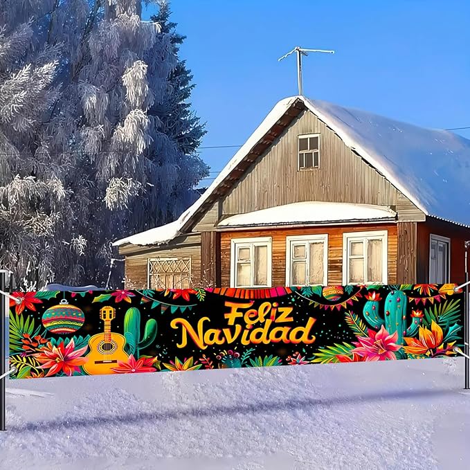 Feliz Navidad Banner 118 x 20 Inch Mexican Christmas Backdrop with Guitar Cactus Poinsettia Flowers Large Holiday Party Wall Decoration for Outdoor Fence Yard Porch Photography