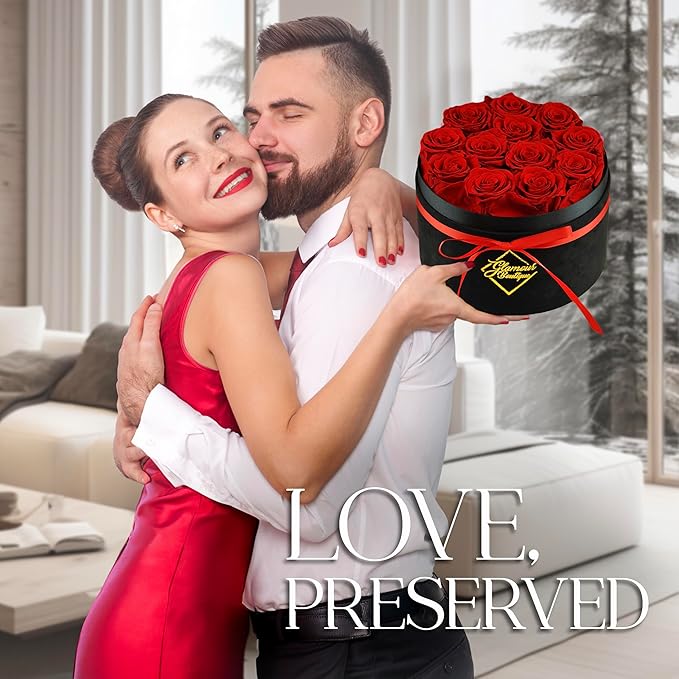 GLAMOUR BOUTIQUE Flowers Forever Gift Box 12 Real Preserved Roses in a Velvet Black Box, Birthday for Her Mom and Wife, Mothers Day, Anniversary, Graduation - Red