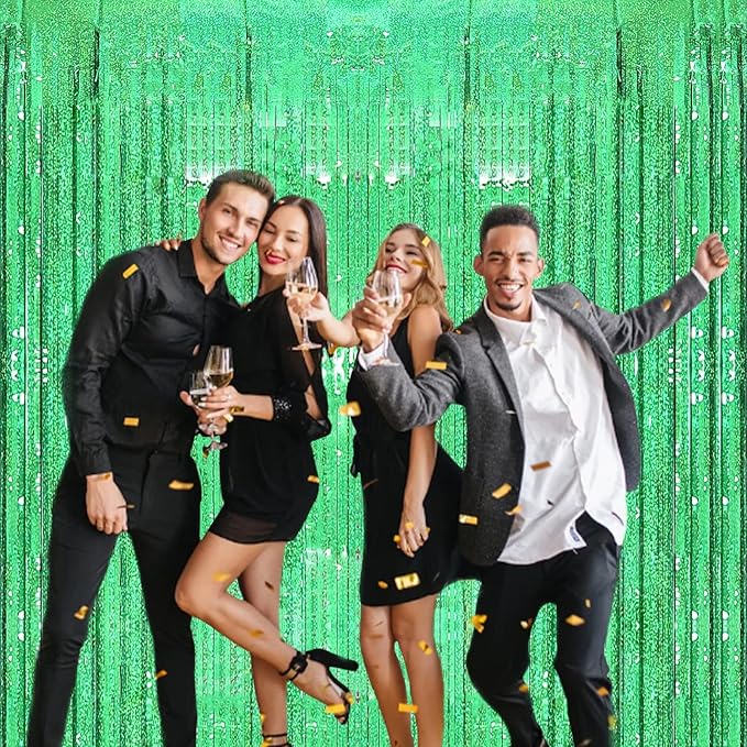 2 Pack 3.2ft x 8.2ft Green Foil Fringe Curtain, Metallic Tinsel Foil Fringe Rain Curtain Streamers Photo Backdrop for St Patricks Day Decorations Birthday Christmas Jungle Safari Tropical Party Decor