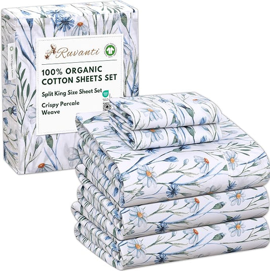 RUVANTI 100% Organic Cotton Sheets Split King, Percale Weave, GOTS Certified, 5-Piece Set, Deep Pocket 15", Crisp & Breathable, Soft Durable Bedding, Sábanas Algodón Orgánico – Daisy Bud