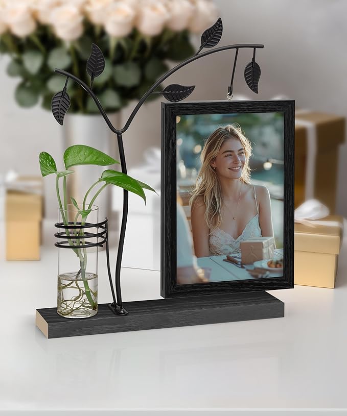 Afuly 5x7 Picture Frame Black Family Picture Frames with Metal Tree Stand Glass Vase Modern Desk Photo Frame for Double Sided Glass Display Wedding Birthday Gifts for Women Couple Mom