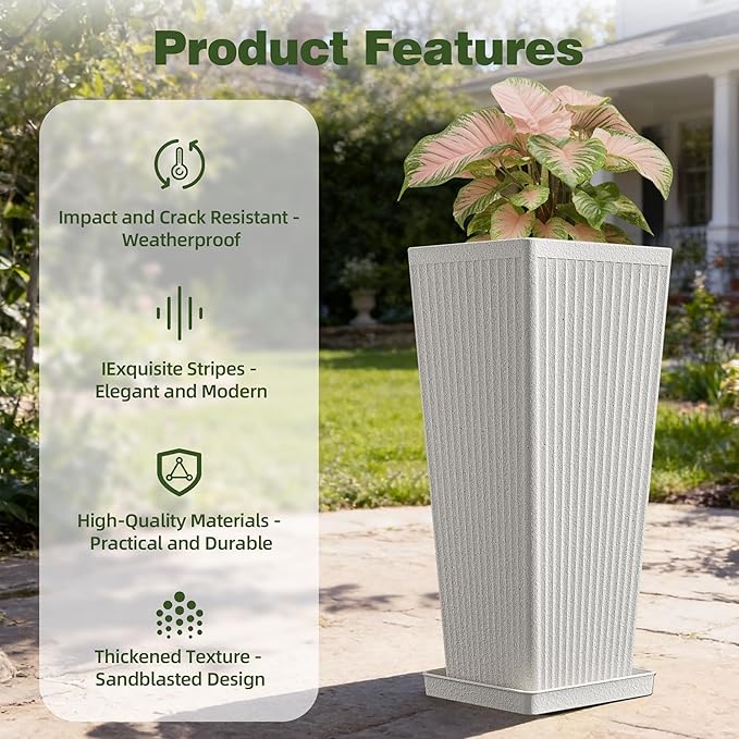 Square Tall Planters for Outdoor Plants Set of 2-23.6" Heavy-Duty Classic Tapered Indoor Flower Pots with Drainage Holes/Partition/Tray, Large Outdoor Planters for Porch Patio Garden, White