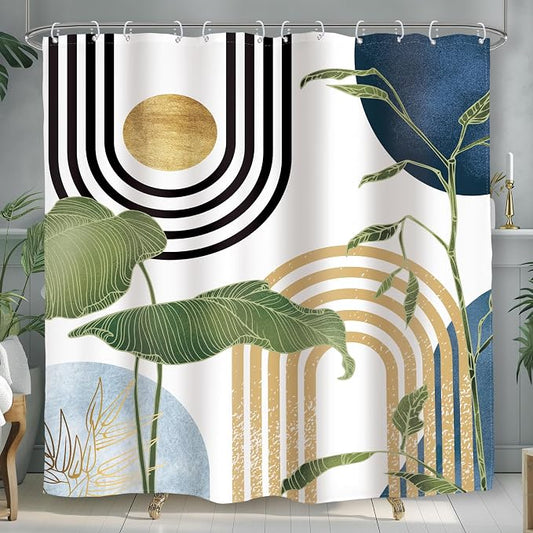 Glawry Navy Blue Boho Shower Curtain Mid Century Abstract Light Blue Tropical Palm Botany Sun Arch Plant Minimalist Bathroom Modern 72Wx72L Inches Bath Accessories Art Home Decor Fabric 12 Pack Hook