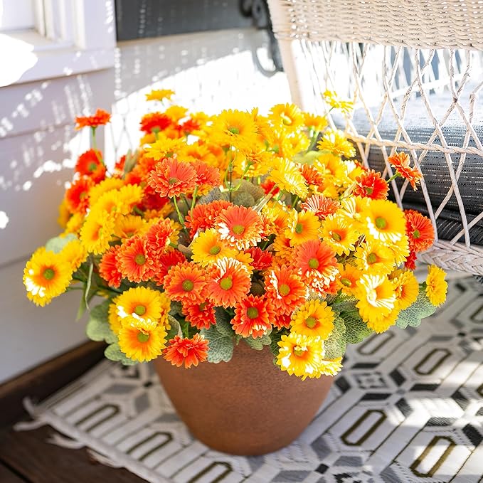 HyeFlora Dahlia Artificial Winter Flowers for Outdoors Christmas Decoration, 6 Bundles Fake Daisy Faux Plants Realistic UV Resistant Silk Flowers for Outside Planter Yard Garden Home, Orange Yellow