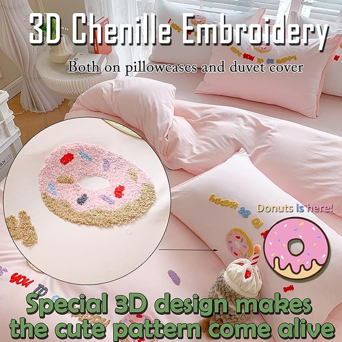 MorroMorn Cotton Duvet Cover Queen Size, 3D Embroidery Queen Bedding Sets, Cute Chenille Embroidered Comforter Covers Soft Breathable Sweat-Absorbent for Girls Kids Teen (Donut Pink, Full/Queen)