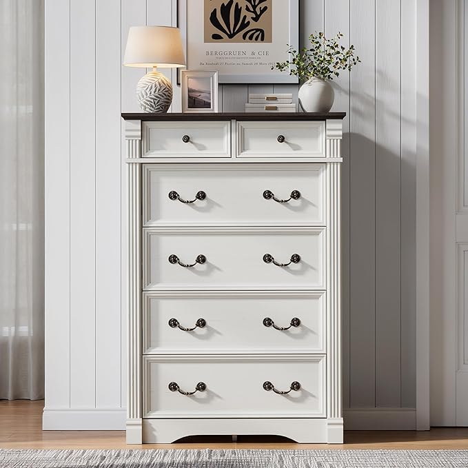 White 6 Drawers Dresser, 47" Tall Dresser for Bedroom, Wood Rustic Tall Chest of Drawers with Chic Wood Pilasters, Farmhouse Dressers Organizer for Bedroom, Hallway