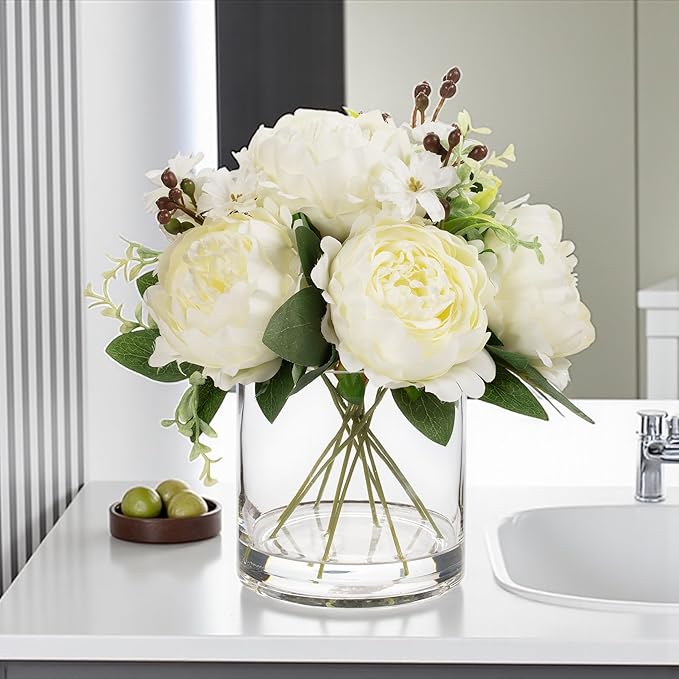 ENOVA FLORAL Artificial Flower Arrangement with Vase,Mixed Artificial Fake Silk Peony Flower in Vase for Decoration Home Office, Wedding Centerpiece (Cream01)