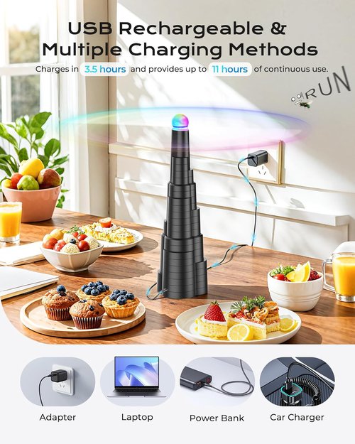 Fly Fan | Rechargeable Tabletop Bug Repellent with Colorful Lights - 4 Pack for Home & Outdoor Use