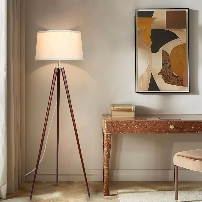 Brightech Emma LED Floor Lamp, Tall Lamp with Wood Legs, Mid-Century Modern Standing Lamp for Bedroom Reading, Tripod Lamp for Living Rooms & Offices, Great Living Room Decor - Walnut Brown