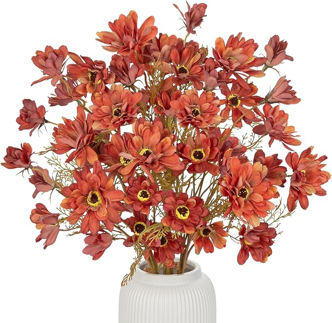 3 Bunches Artificial Daisy Flowers Bouquets for Fall Decor, 20" Faux Chrysanthemums Wildflowers for Autumn Thanksgiving Centerpiece, Silk Flowers Mums for Calliopsis Floral Arrangements, Light Red