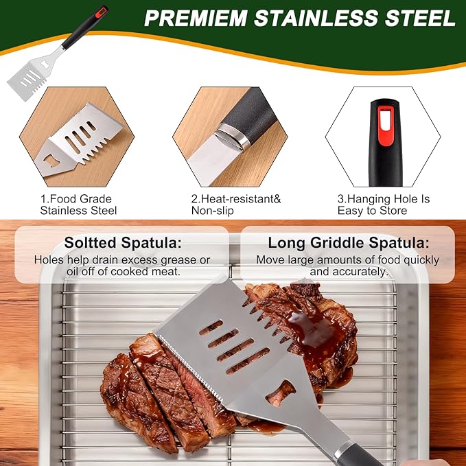 YJHOLE Grilling Accessories Set Spatula Fork Cleaning Brush Food Tongs Carving Knife Basting Brush Durable Stainless Steel BBQ Grill Tools with Extra Thick Storage Case BBQ Accessories Grill Set