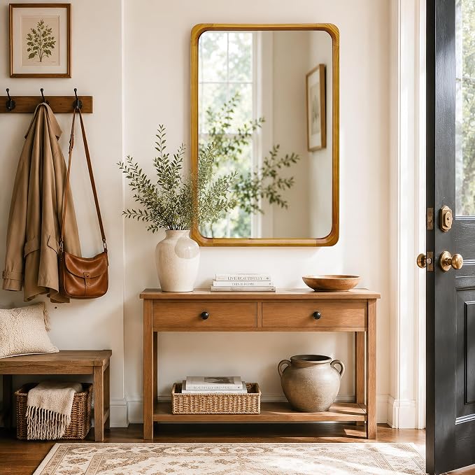 Tanmicoshomy Natural Wood Bathroom Mirror 24 x 36 Inch, Solid Wood Framed Rectangle Mirrors with Tempered Glass for Living Room Bedroom Office or Entryway