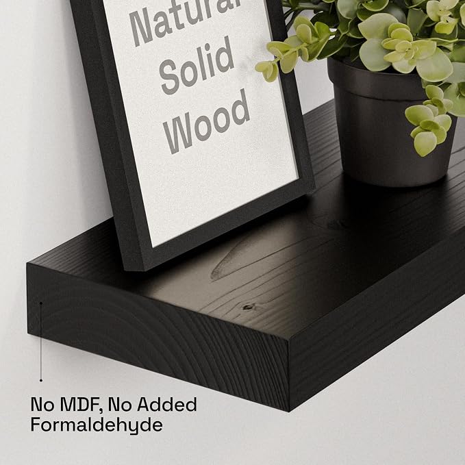 BAOBAB WORKSHOP Solid Wood Floating Shelves for Wall 20 Inch Wide, Wooden Bathroom Shelves for Room Wall, Heavy Duty Shelf Mounted Kitchen Bedroom Rustic Farmhouse, Black Shelf, 20W × 6.7D, Set of 2