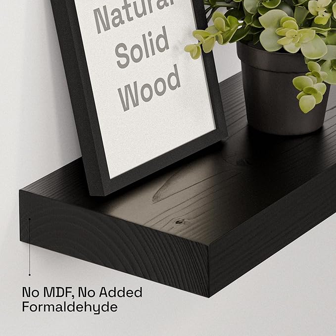 BAOBAB WORKSHOP Solid Wood Floating Shelves for Wall 30 Inches Long, Real Wooden Bathroom Shelf Large, Heavy Duty Wall Shelves Mounted Kitchen Bedroom Farmhouse, Black Shelf, 30W × 6.7D, Set of 2