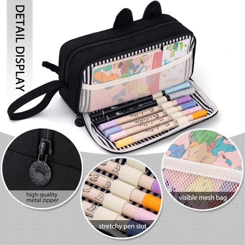 CICIMELON Large Capacity Cartoon Pencil Case - Embroidered Animal Design for Kids & Teens | Black Cat