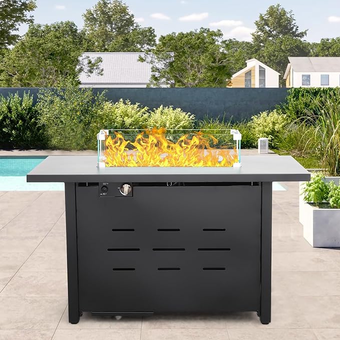 Propane Fire Pit 43 Inch Outdoor Fire Pit 50000 BTU Rectangle Gas Fire Table with Steel Lid, Blue Crystal Beads, Glass Wind Guard and Waterproof Cover for Outside Patio and Garden