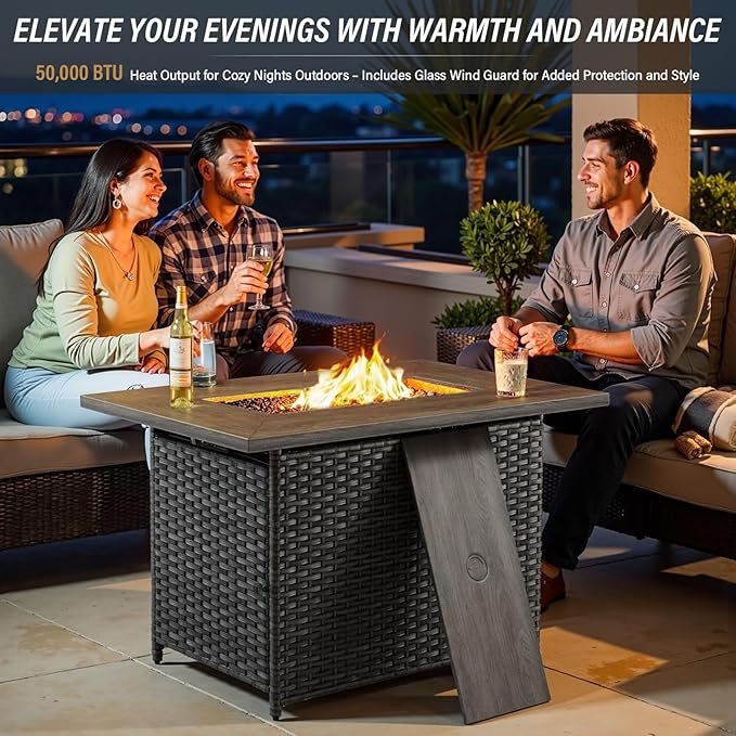 Belord 50000 BTU Propane Fire Pit Table with Lid and Lava Rock, 41 inch Rectangular Outdoor Firepit Wicker Furniture, Fireplace Table Perfect for Relaxed Outside Patio Backyard Ambiance, Gray