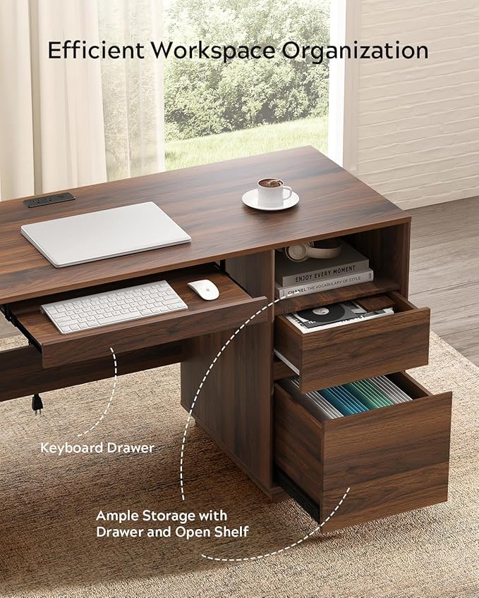 47" Office Desk, Home Office Desk with File Drawer & Open Storage & Power Outlet, Large Wooden Executive Desk for Study Writing, Brown