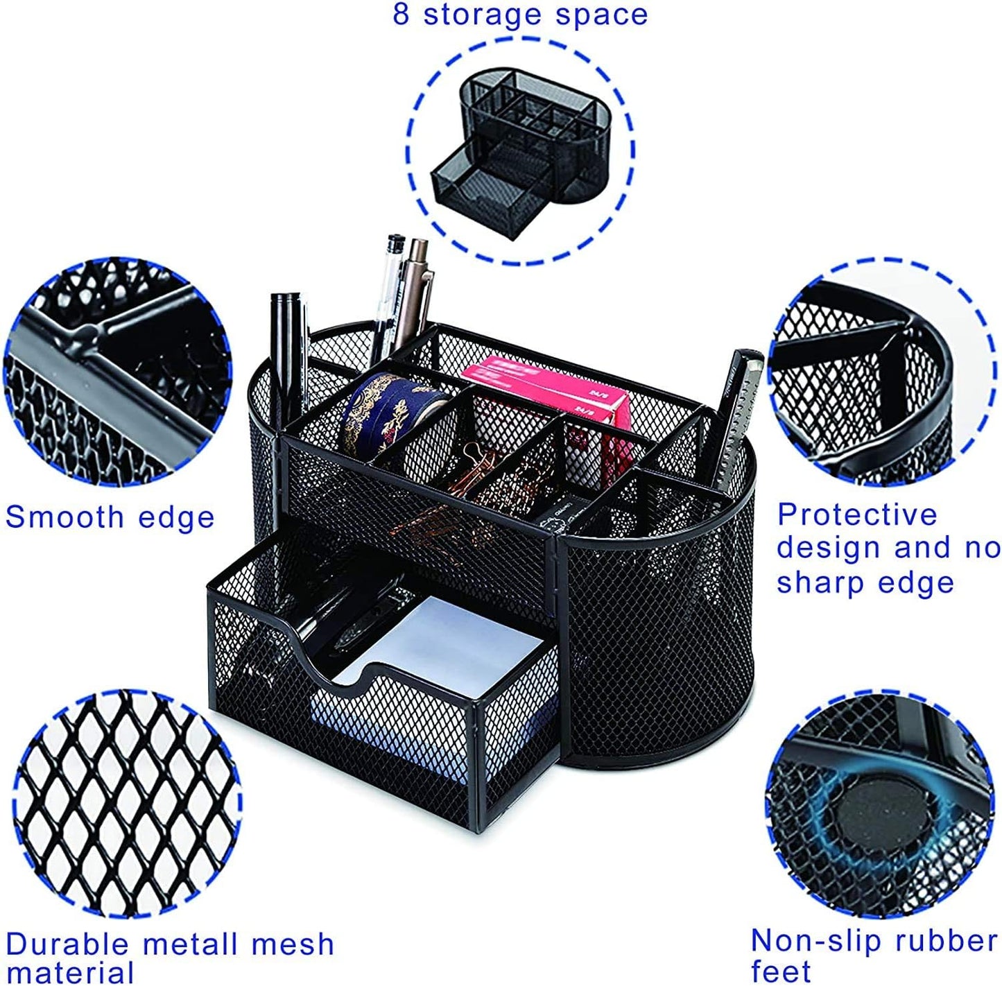 Skiennix Desk Organizer - 9-Compartment Mesh Pen Holder for Office & Home | Space-Saving Black Design