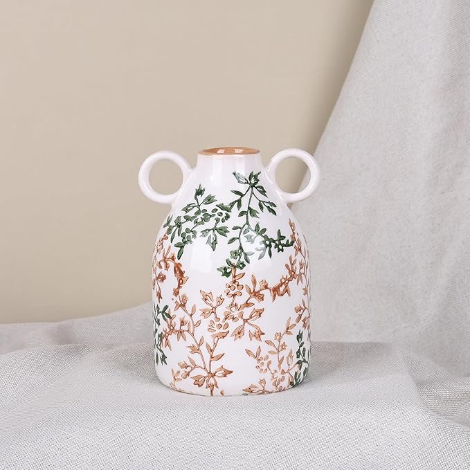 Rustic Green Ceramic Vase with Handle, Nordic Boho Small Vases Side Table Flower Centerpiece, Wide Mouth Single Flower Vase Pampas Grass Decorative - for Home Window Sill Living Dining Room Kitchen